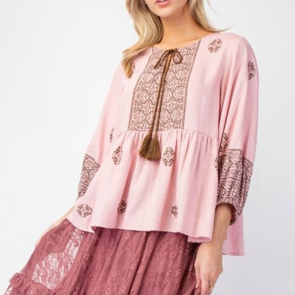 Boho Babydoll Tunic Printed Poly Linen, Tassel Tie, Ruffled Hem Dusty Rose S M L - Picture 2 of 5